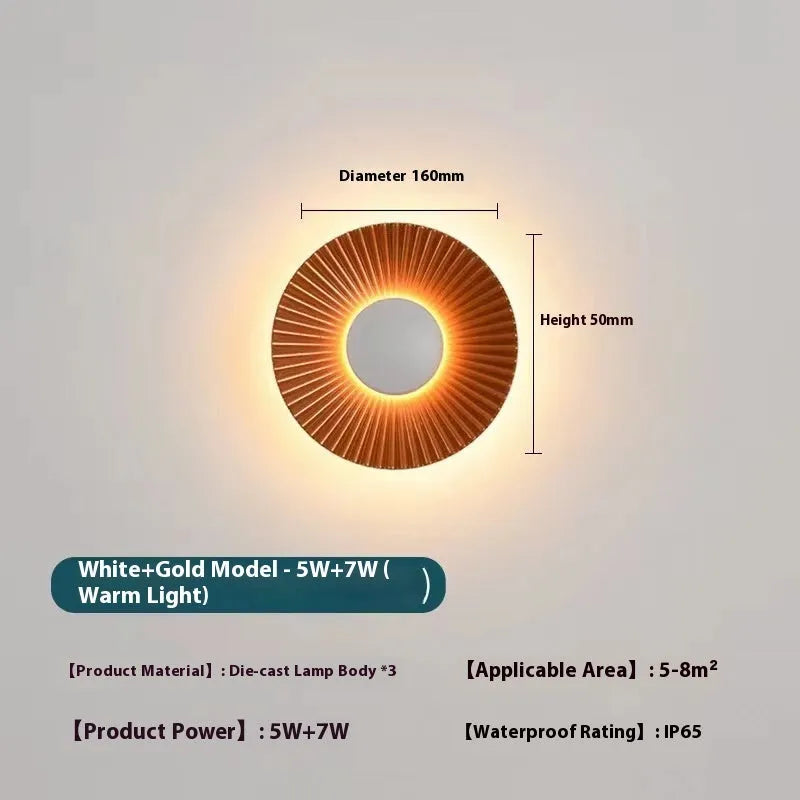 Round aluminium wall lamp with LED light source in multiple colour combinations for bedroom or living room