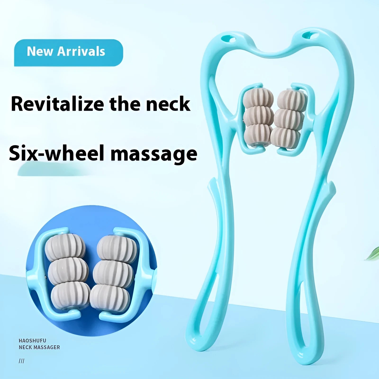 Blue plastic handheld massager with six rotating wheels for neck shoulder and waist