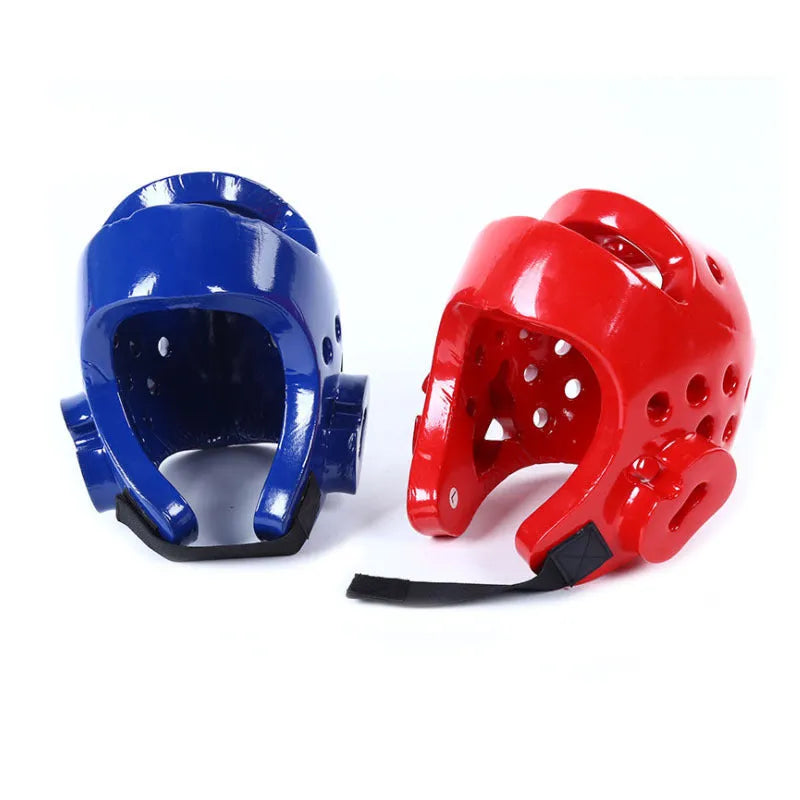 Karate taekwondo protective gear set with red leg guard, helmet, and boxing gloves for martial arts training