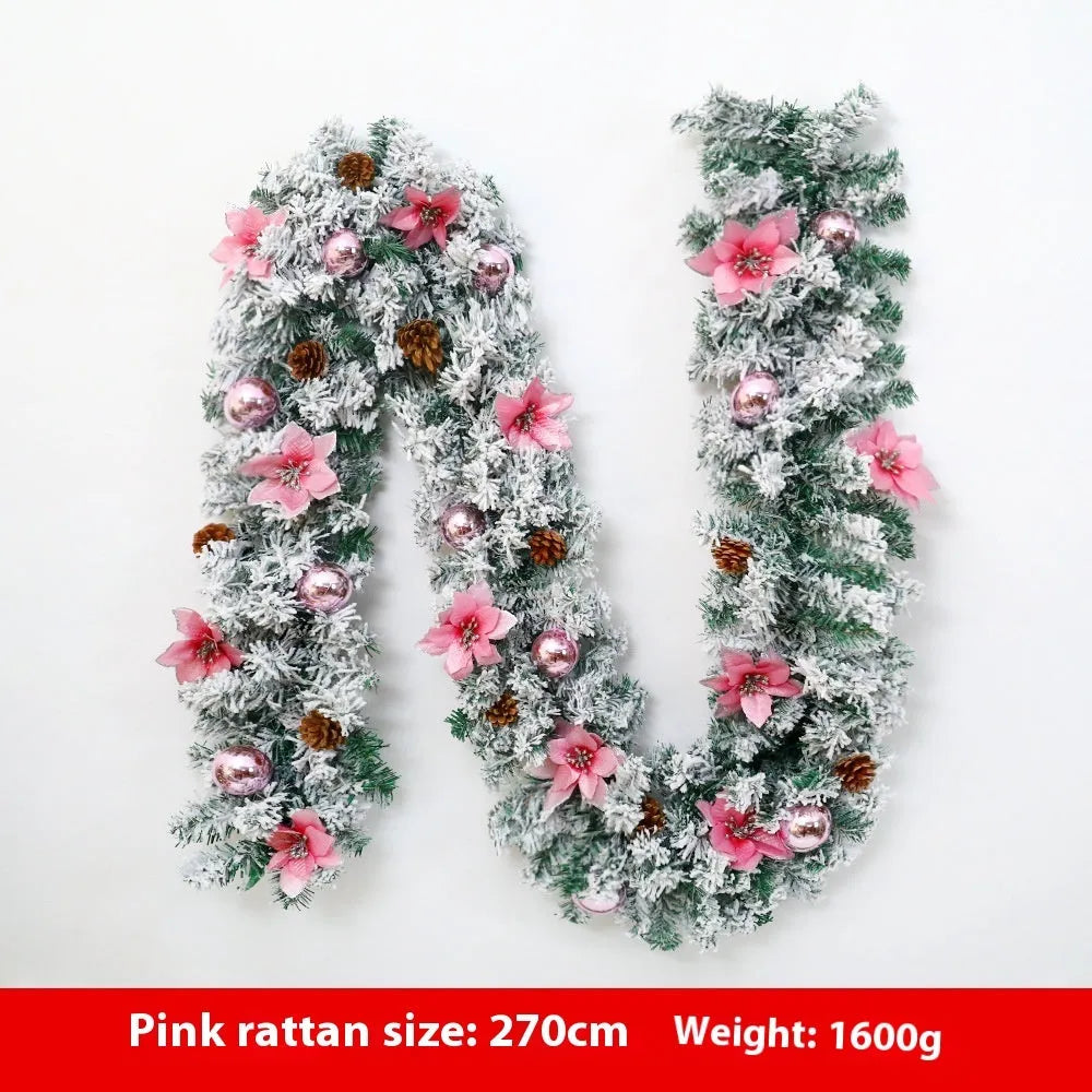 Christmas rattan garland with white flocking in a choice of five colours: golden, blue, silver, pink, and red.