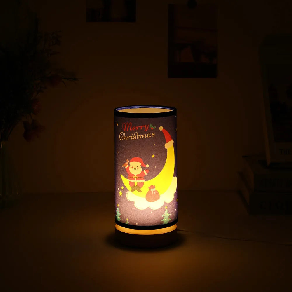 Moon Santa Claus themed LED night light with USB plug and bamboo lamp holder.