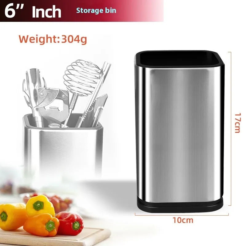 Black stainless steel kitchen tool holder with storage bucket for knives and cutlery organisation