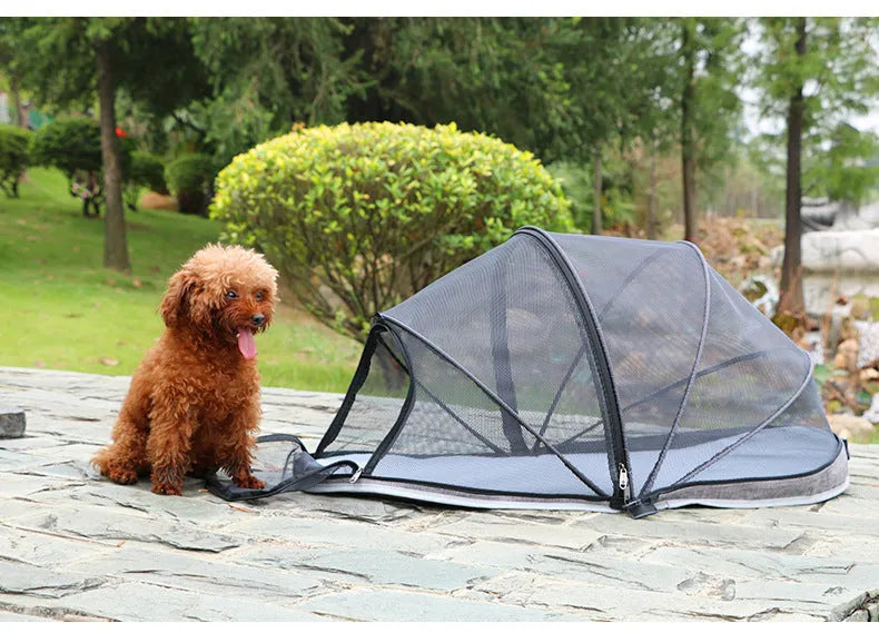 Foldable black and blue half mesh cat travel tent in collapsed and set-up positions