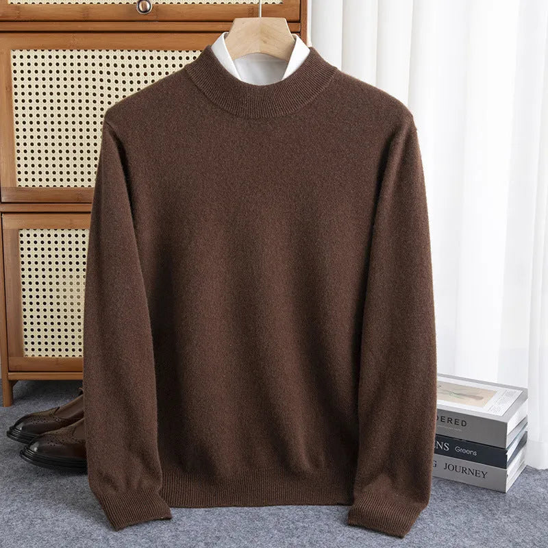 Men's loose fit half-collar wool sweater in a light business style, shown in a range of colours.