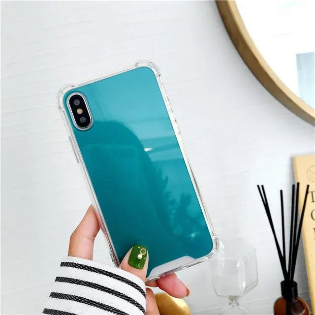Mirror finish TPU protective case shown on iPhone with colour options displayed.