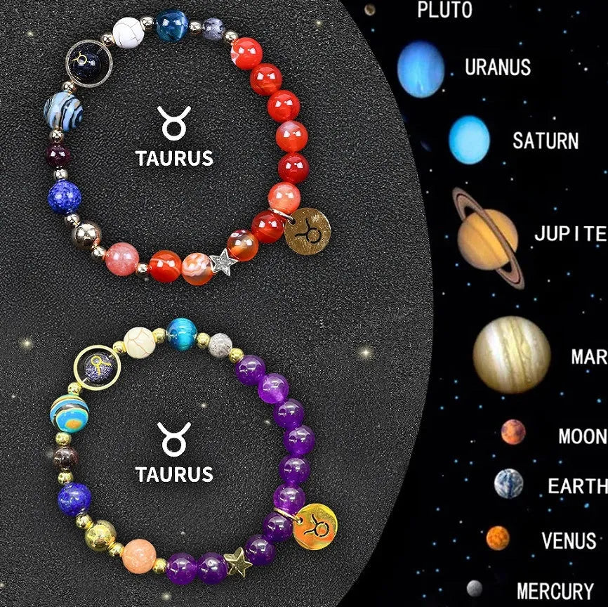 Natural stone beaded bracelets showing zodiac sign designs for all twelve star symbols