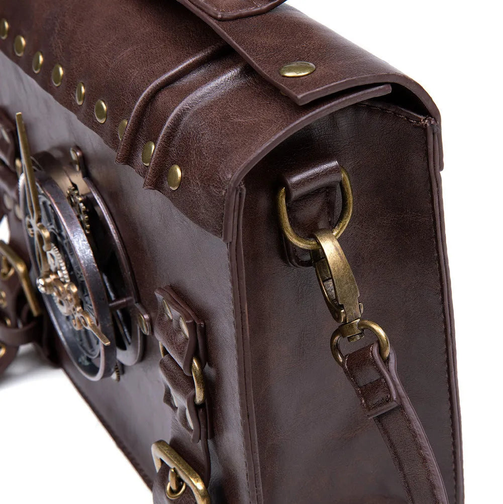 Bronze steampunk retro pillow shoulder bag with square shape and metal hardware.