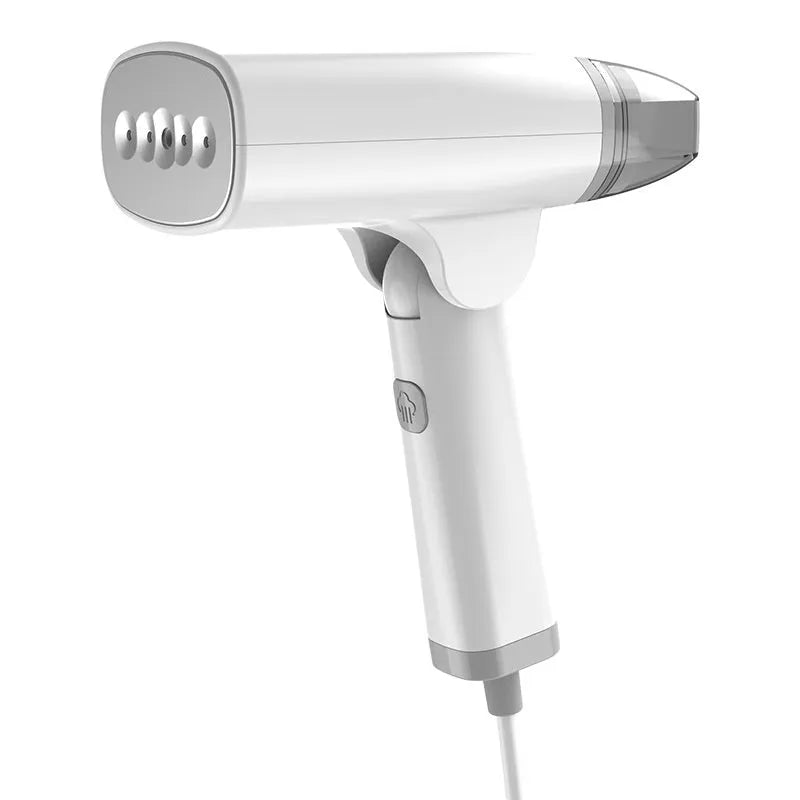 Handheld garment steamer in blue or white with compact design and mechanical controls