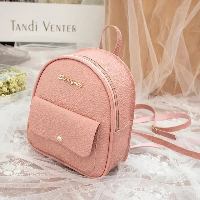 Women's black PU shoulder bag backpack compact letter purse with zipper closure