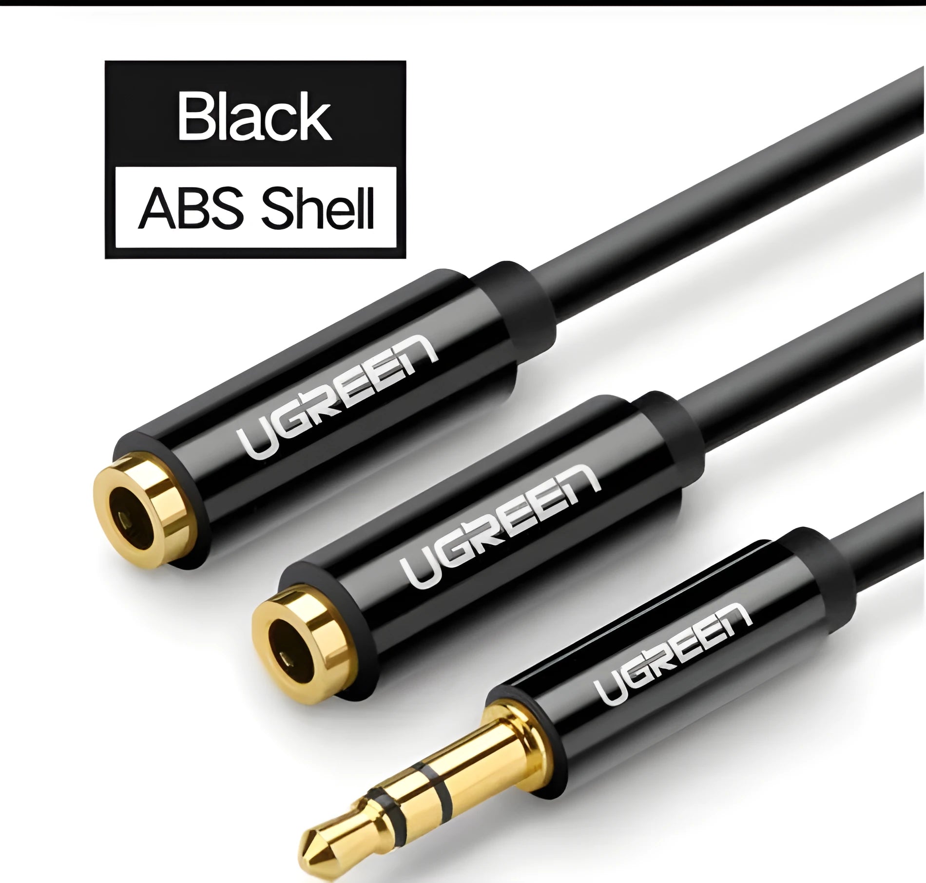 Close up of 3.5mm gold plated earphone cable with TPE coating and aluminum alloy shell in black