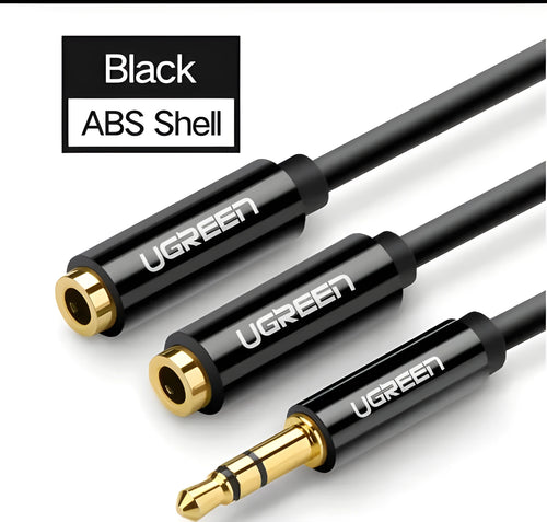 Close up of 3.5mm gold plated earphone cable with TPE coating and aluminum alloy shell in black