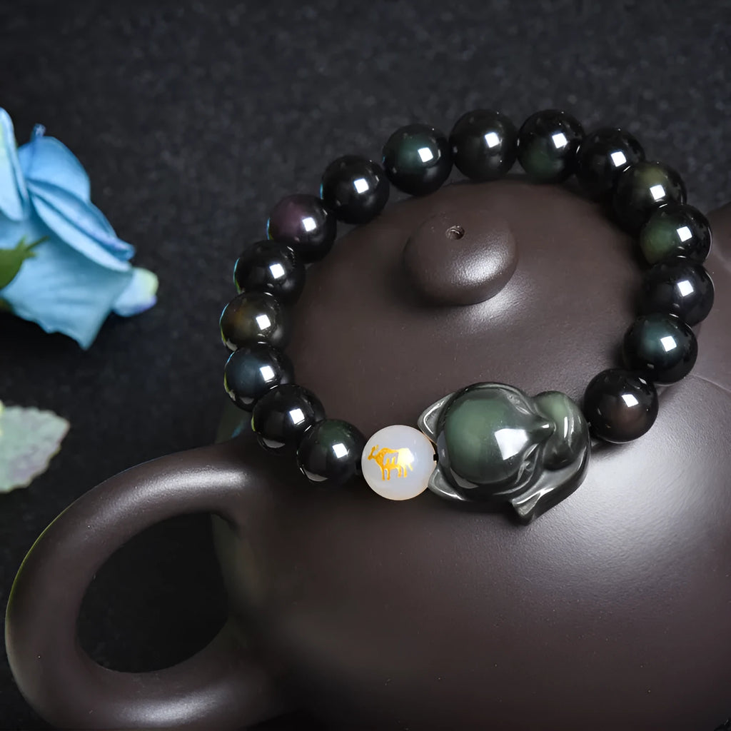 Natural obsidian zodiac bracelet with 10mm beads in gold, silver and black stone variations