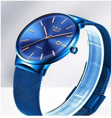 Men's stainless steel wristwatch with 40mm dial, shown in black, blue, and black blue colour options