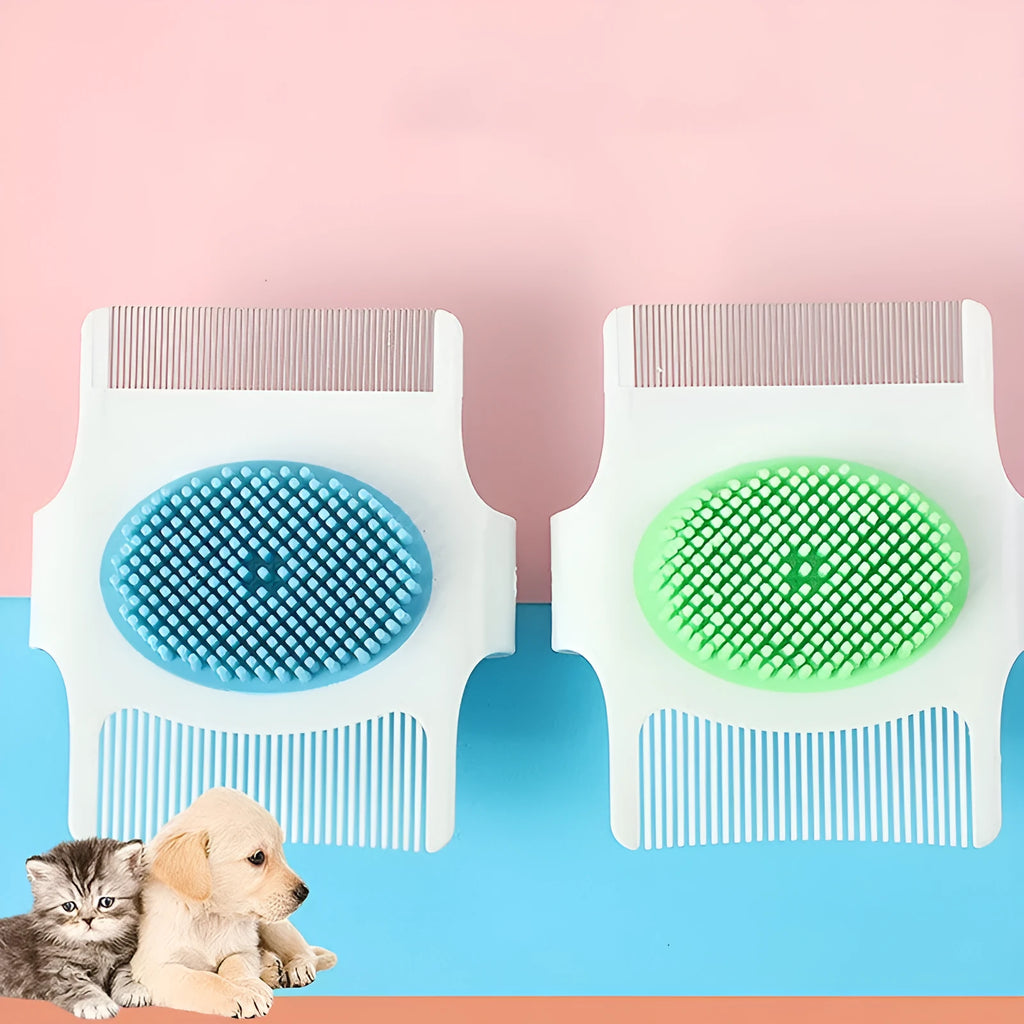 Blue and green multifunctional pet comb for dog grooming with hair removal, massage, and flea control features