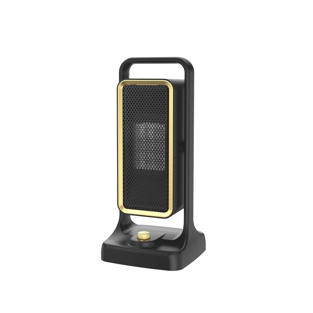 Black desktop PTC ceramic heater with control knob, compact design for room heating