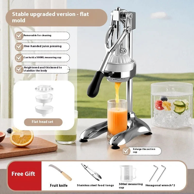 Stainless steel manual orange juicer with quick-disassembly design on countertop