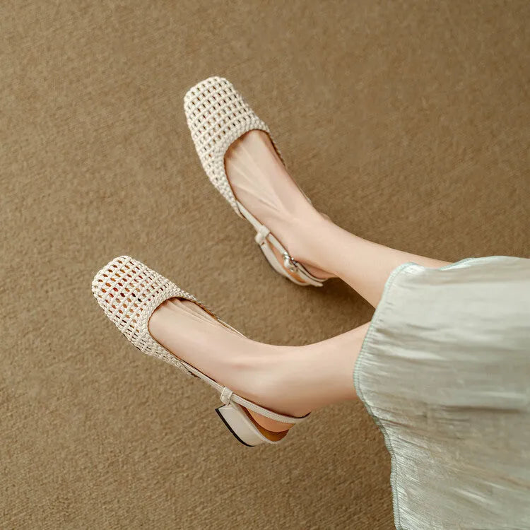 Women's woven hollow-out closed toe sandals with chunky heel and buckle closure in black
