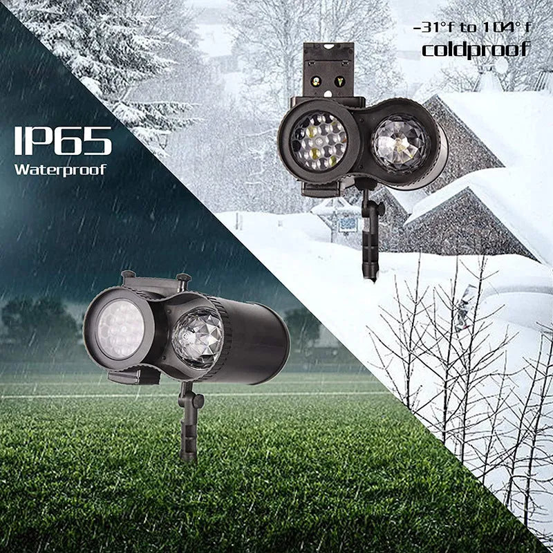 Outdoor waterproof double tube animated water pattern LED light with pattern cards on a garden patio.