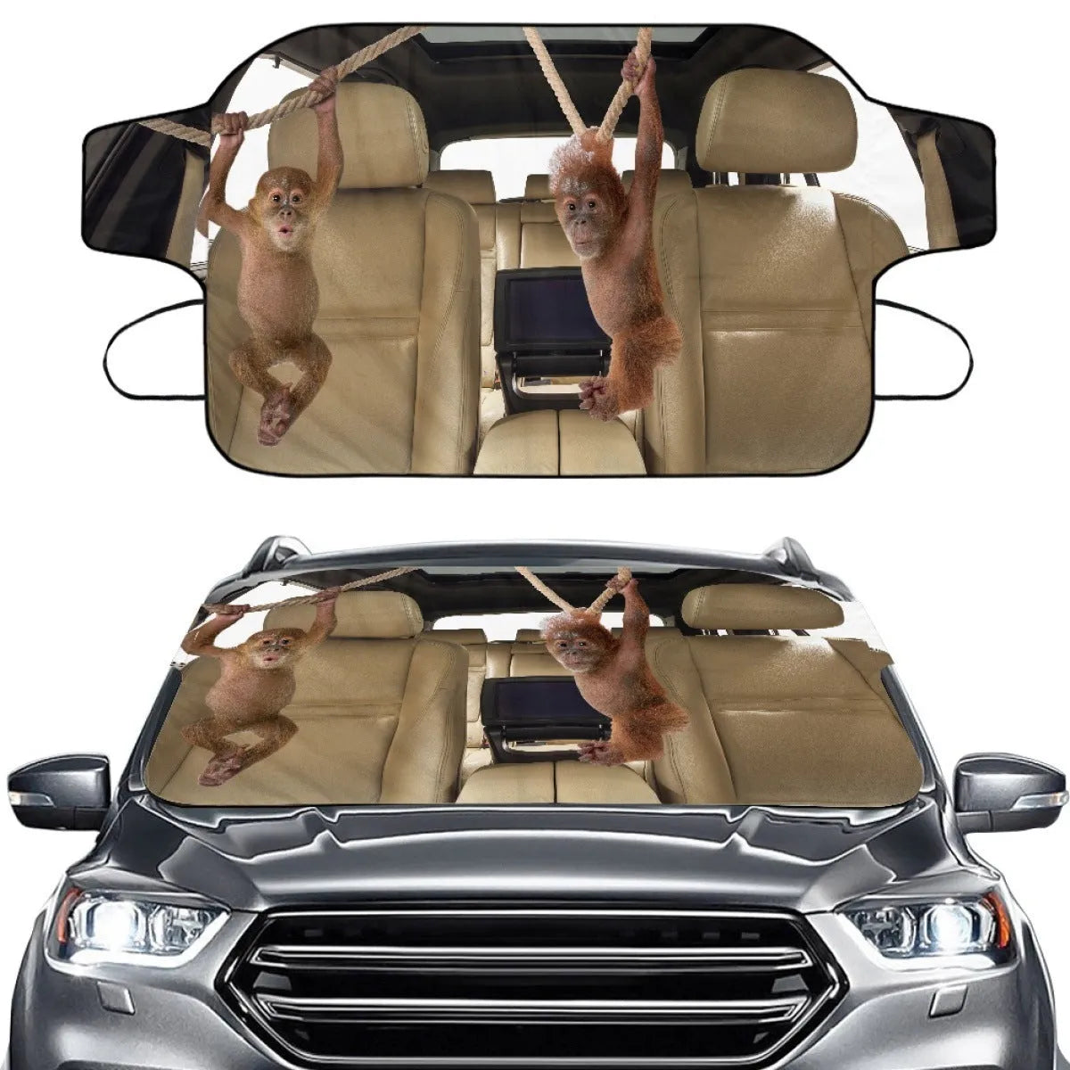 Universal car front snow protection cover made from silver aluminium fabric, shown fitted to a vehicle's windscreen and bonnet.