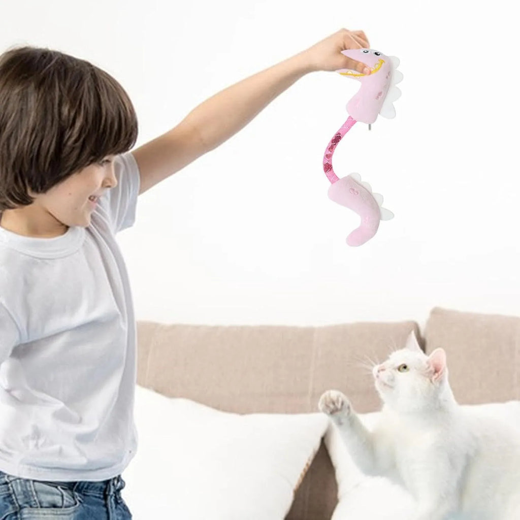 Bundle of four cat toys including chew toys, rope toys, springs and kicker toys in pink, purple and yellow colours