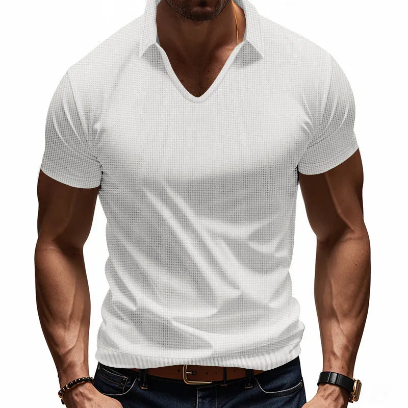 Men's casual V-neck short sleeve t-shirt in cotton blend fabric available in six colours with loose fit