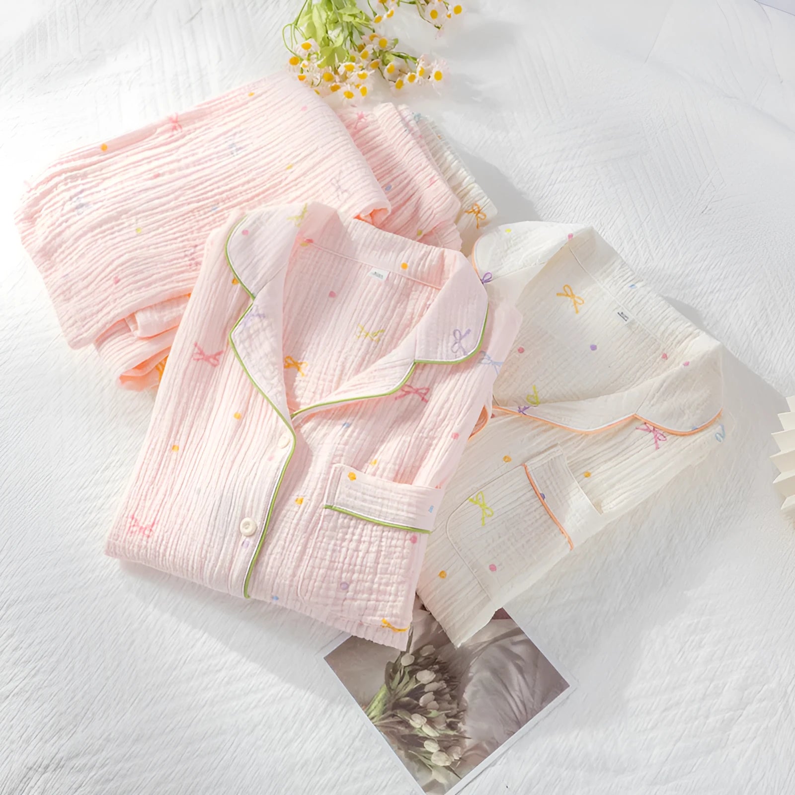 Women's cotton pajama set with long sleeves in lightweight crepe fabric, shown in pink colour