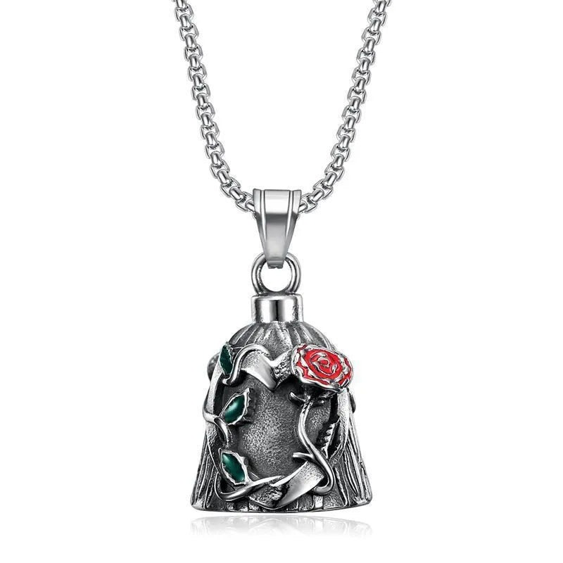 Titanium steel motorcycle lucky bell with double-sided epoxy rose design and polished vintage finish