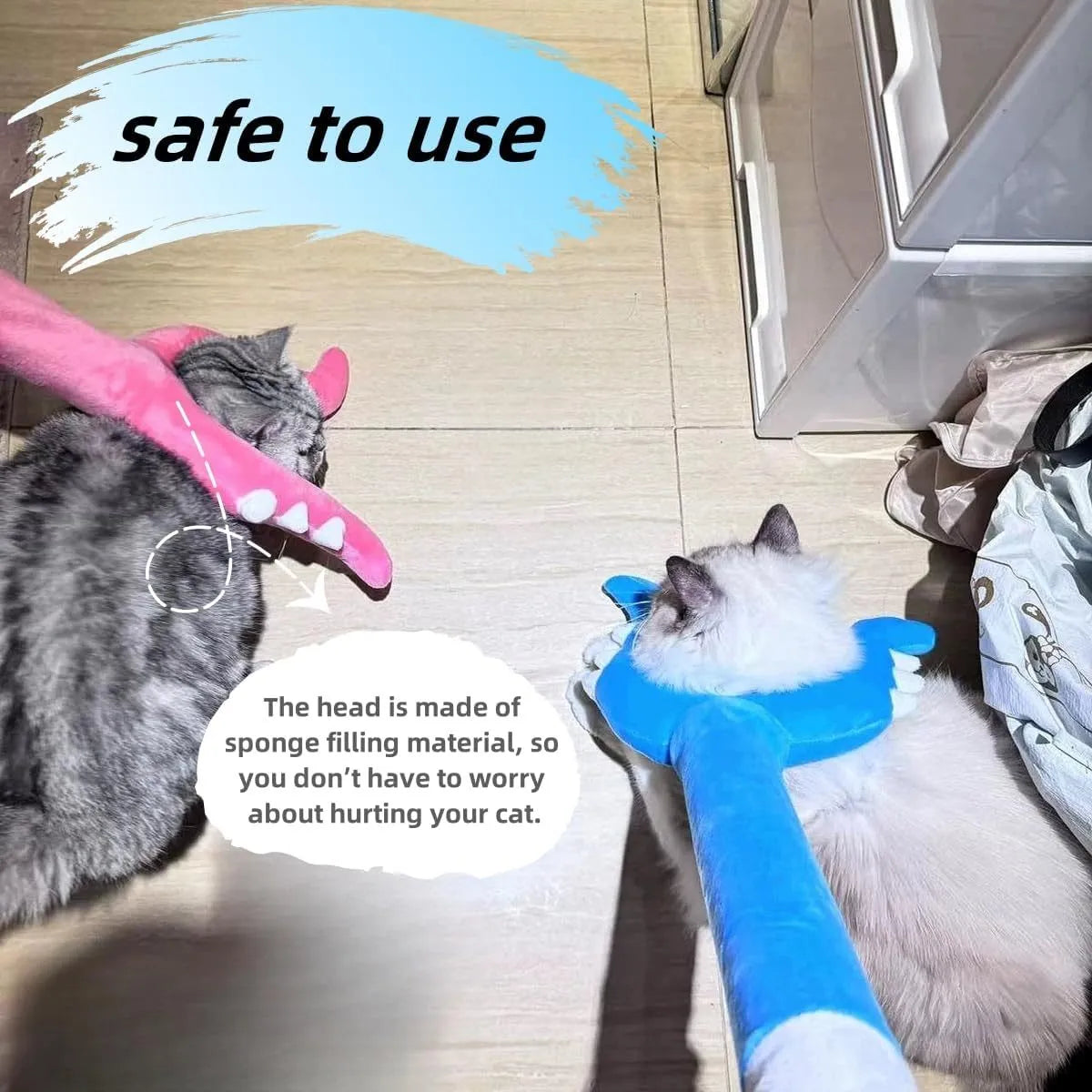 Blue plush cat wand toy with 70cm stick for interactive pet play
