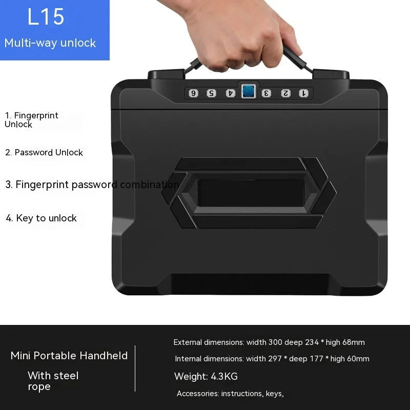 Portable small steel safe box with a mechanical combination lock on the front.