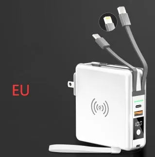 Black and white Super QI wireless charging power bank with integrated plug and international adaptors.