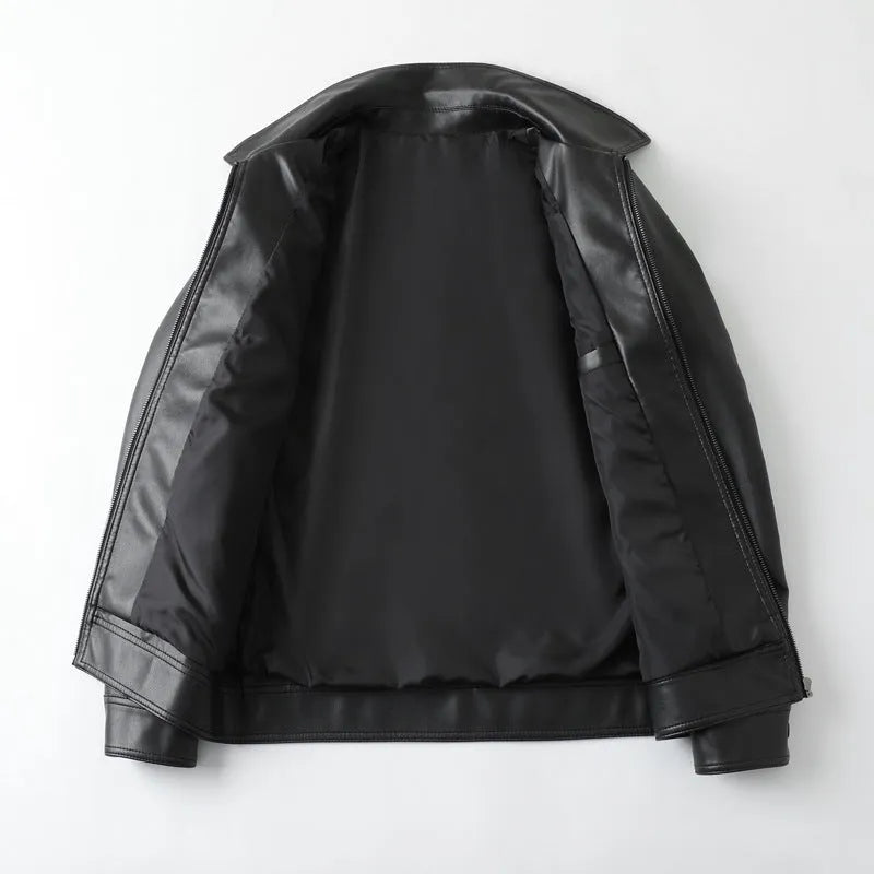 Men's black PU leather casual jacket showing front view with zipper pockets.