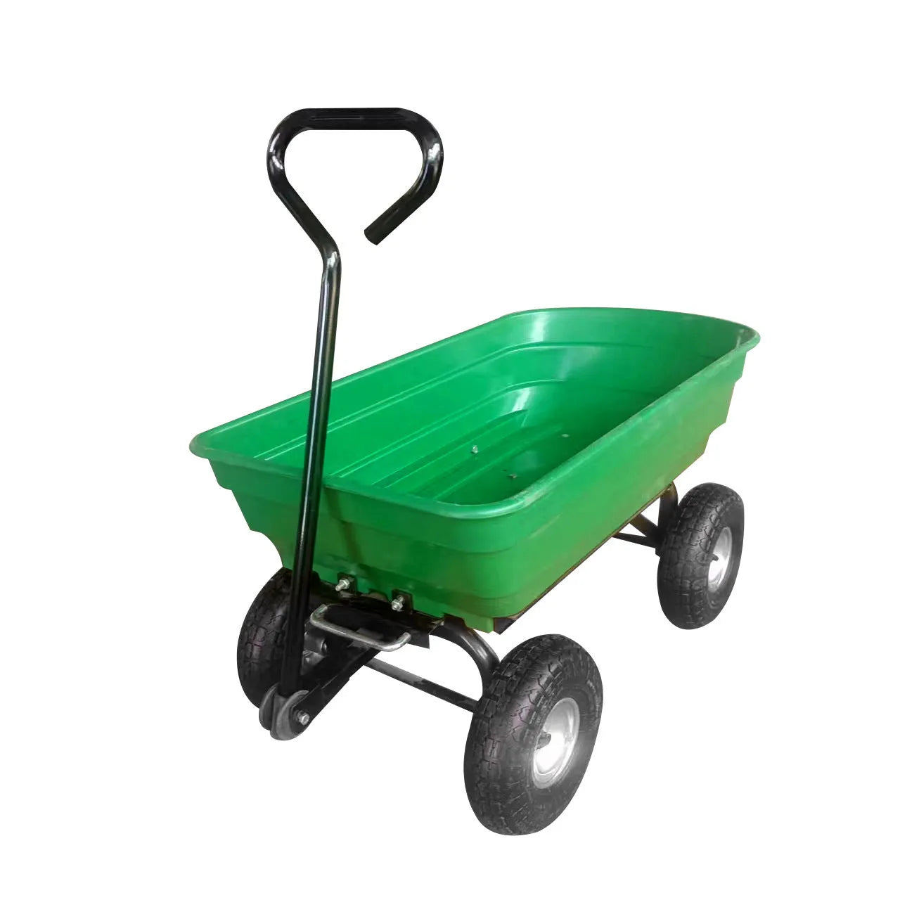 Green four-wheel plastic dump truck with steel PP body for garden material transport
