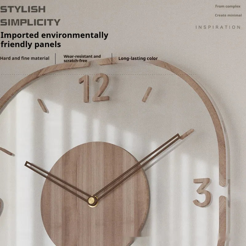 Transparent wooden frame wall clock showing modern design with 35cm square dimensions