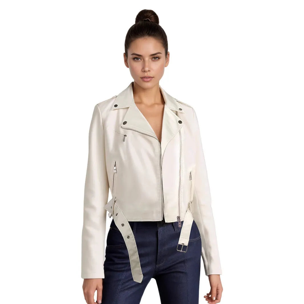 Women's black PU leather motorcycle jacket with lapel collar and short belt detail