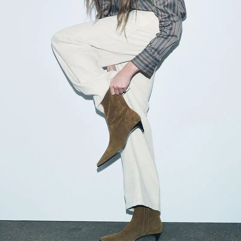 Brown women's square toe mid calf boots with a side zipper and a low kitten heel.