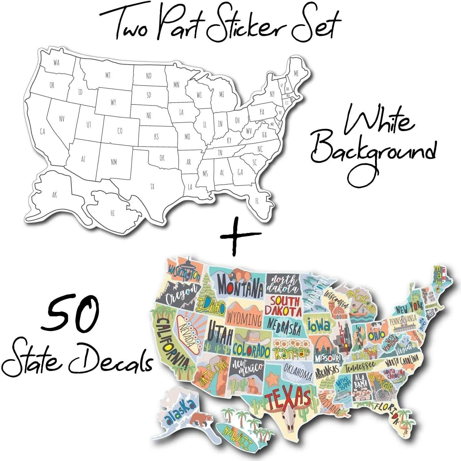 Travel sticker set and white background map for car body customisation with adhesive vinyl letters