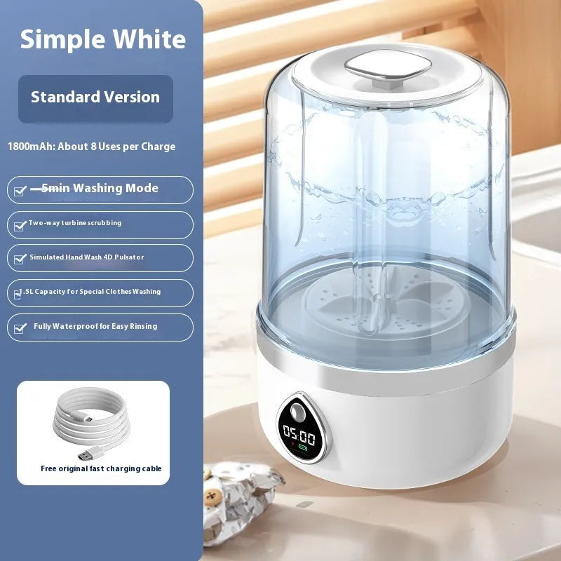 Portable white plastic mini washing machine with USB charging port and compact dimensions