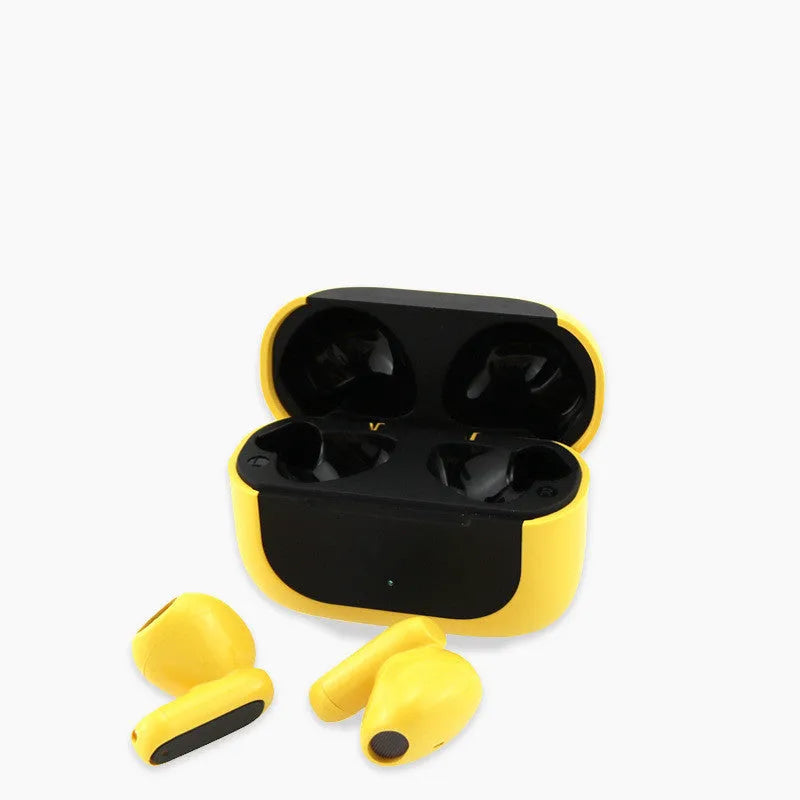 Yellow Jerry cartoon-themed wireless Bluetooth earplug headphones with a charging cable.