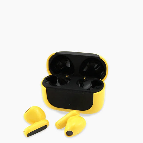 Yellow Jerry cartoon-themed wireless Bluetooth earplug headphones with a charging cable.