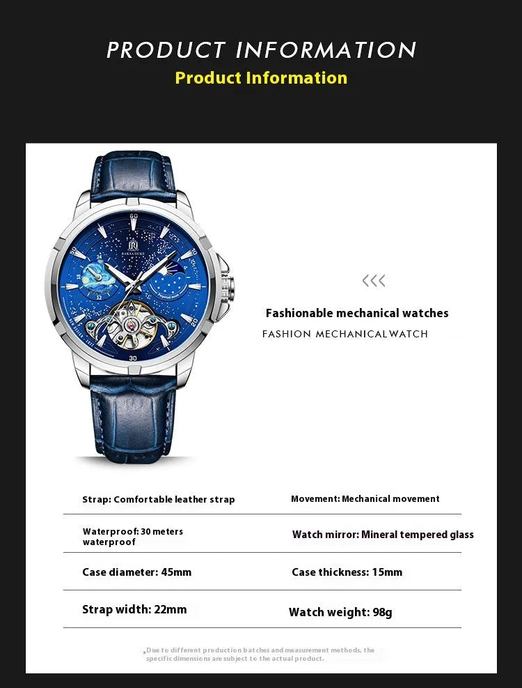 Men's blue dial automatic mechanical watch with stainless steel case showing transparent back revealing movement