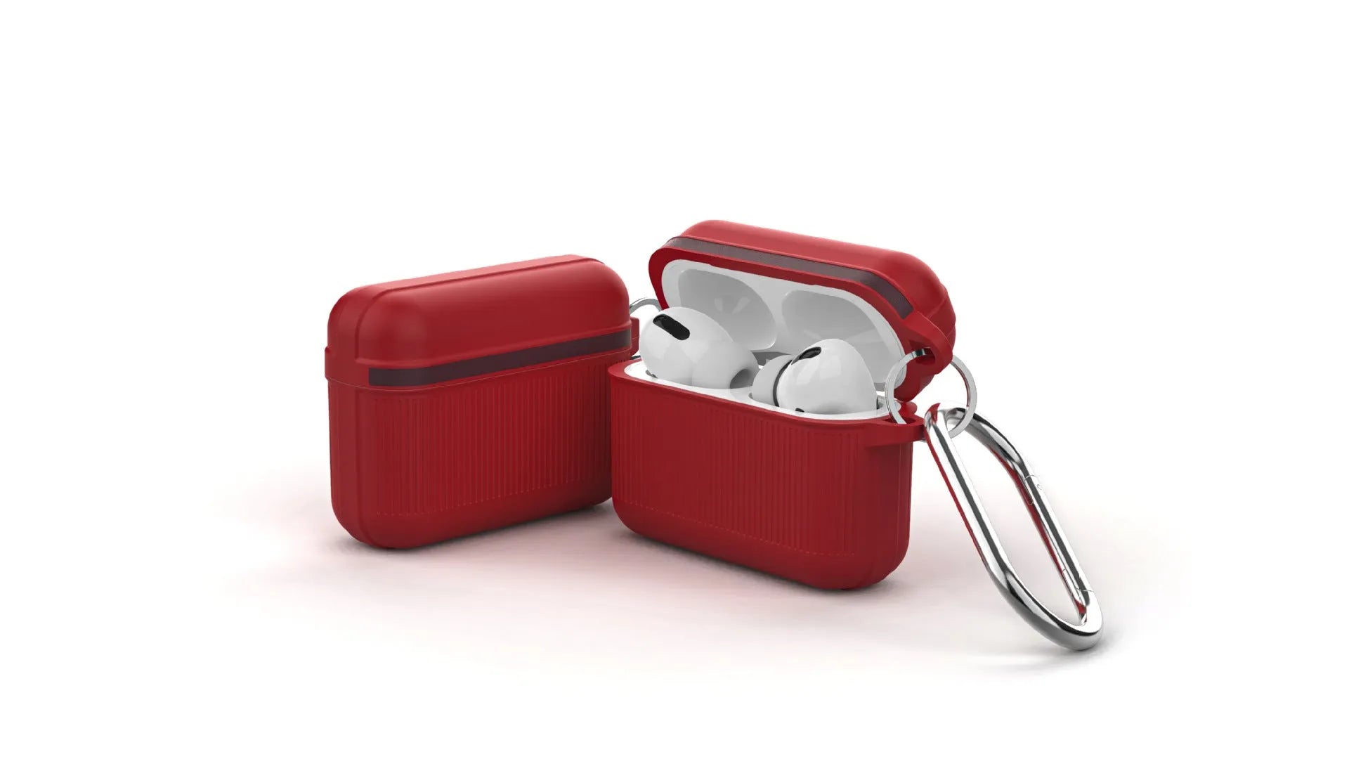 Silicone protective case for Apple AirPods with metal buckle, shown in various solid colours.
