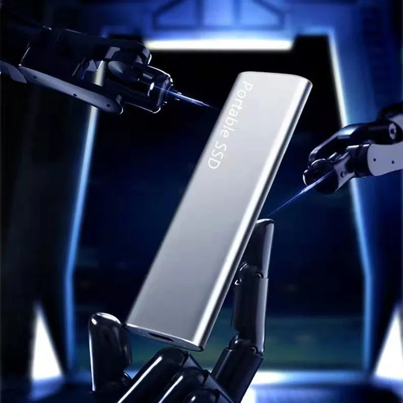 Mobile SSD expansion hard drive with metal casing in ultra-thin design showing capacity options