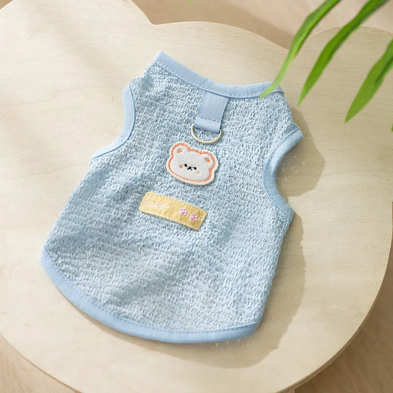 Blue hollowed-out knitted cat jumper with a bear patch, sizes S to XXL