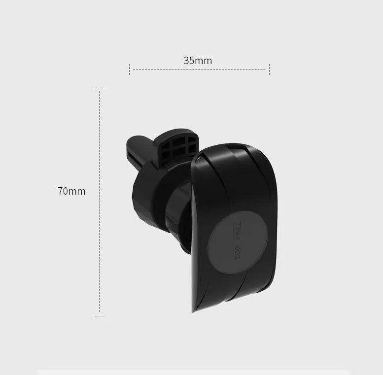 A matte black universal car phone holder mounted on a car air vent, showing the adjustable arm and phone grip.
