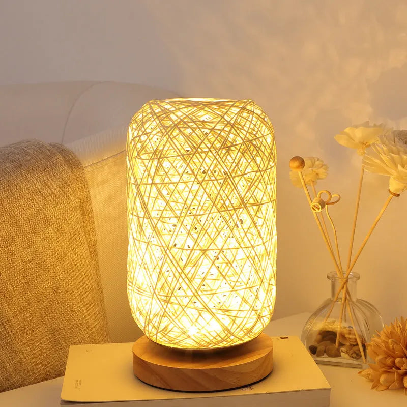 Brown hemp rope Sepak Takraw desk lamp with beige accents on solid wood base