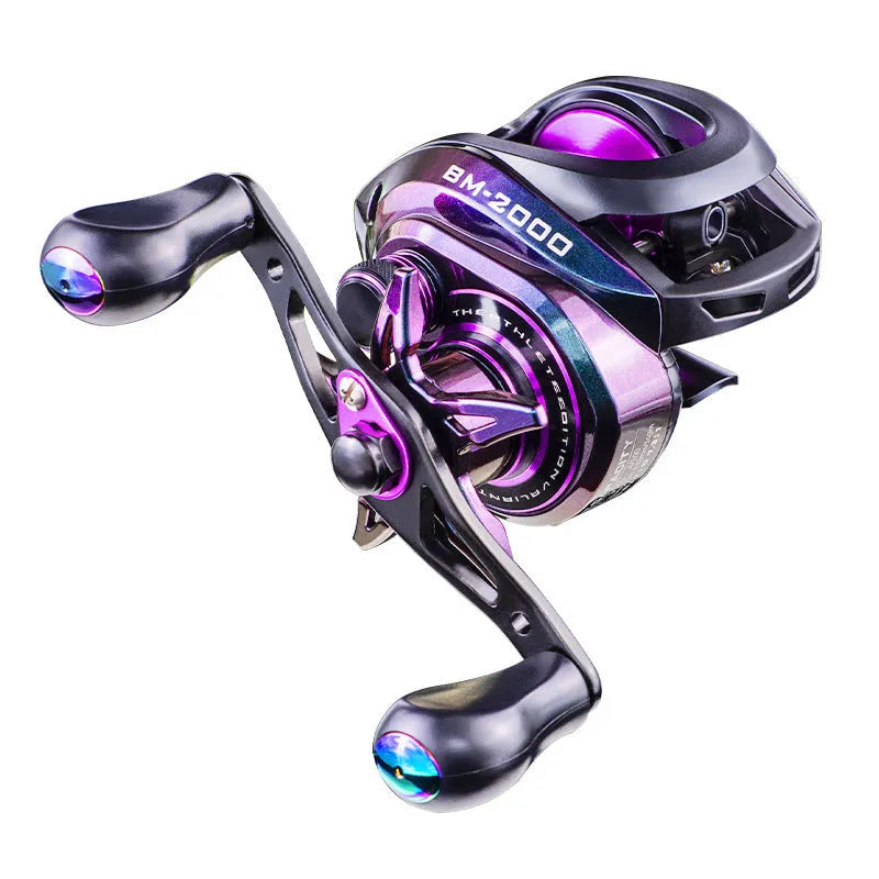 Colourful BM2000 fishing reel with magnetic brake system, shown in left and right-hand retrieve options.