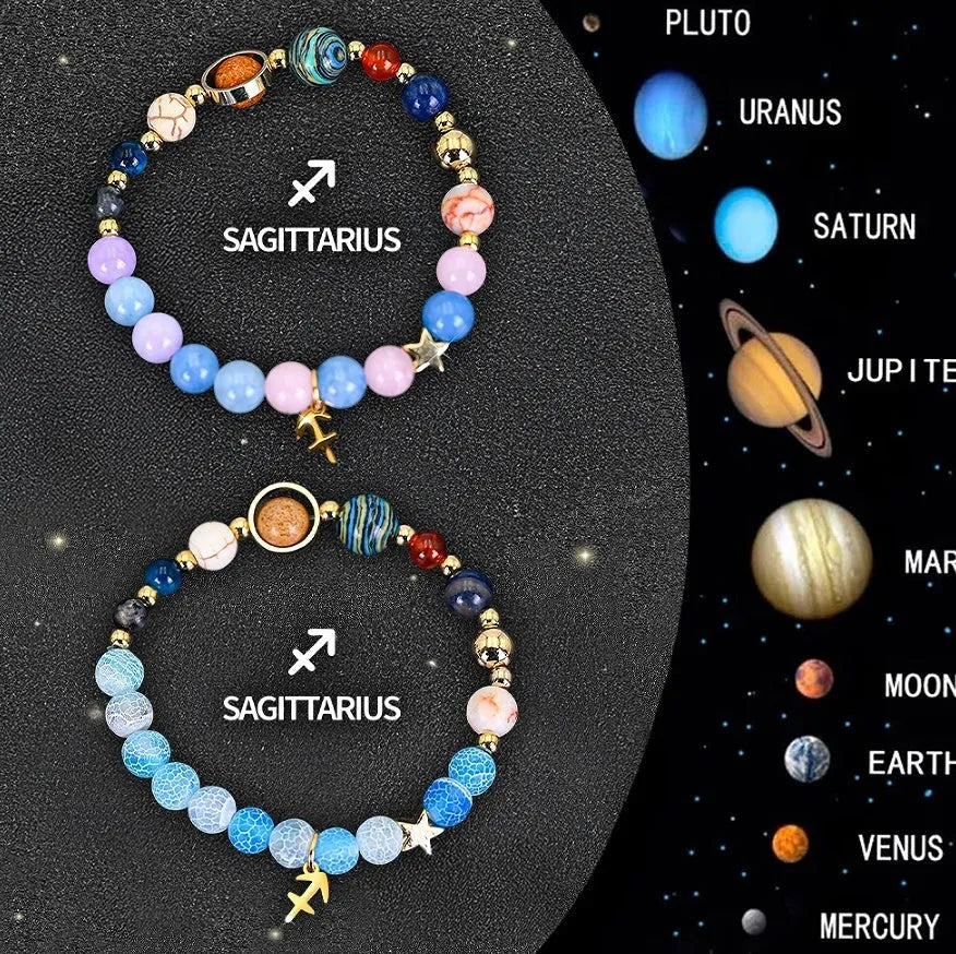 Natural stone beaded bracelets for the twelve zodiac signs laid out in a set.