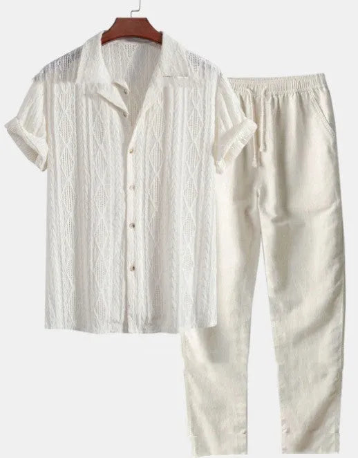 Men's loose fit summer shirt and trousers suit in polyester milk silk fabric available in six colours