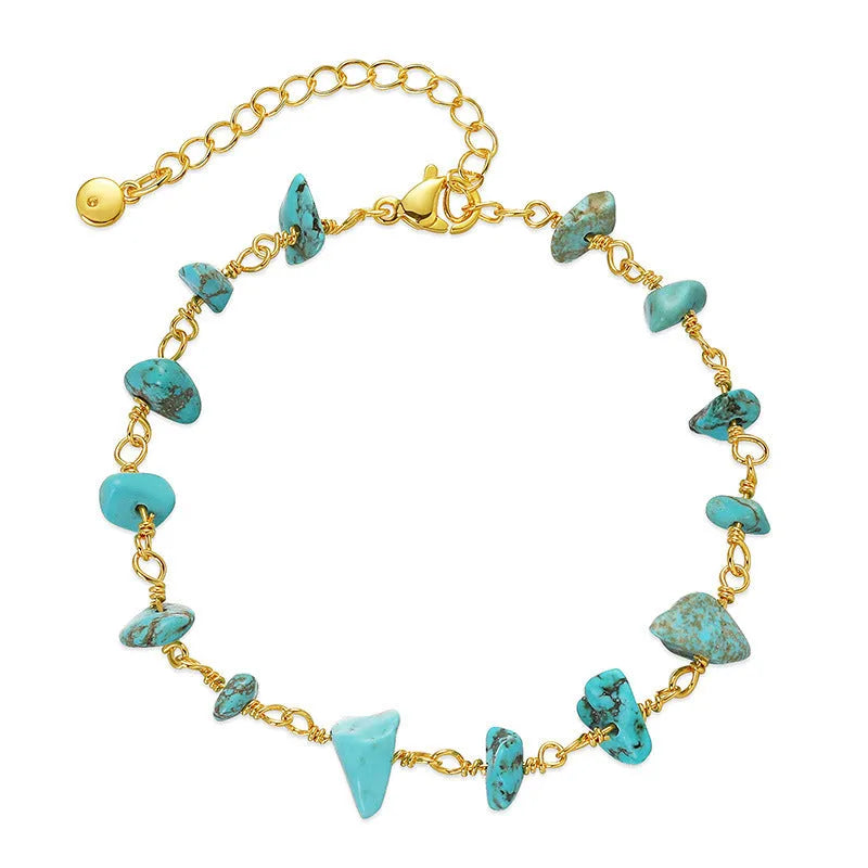 Women's natural gravel turquoise bracelet with geometric copper settings and crystal accents