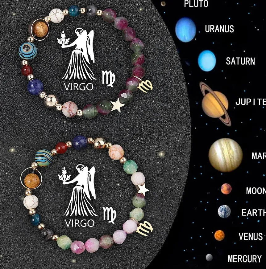 Twelve zodiac sign bracelets with natural stone beads arranged in a circle showing different designs
